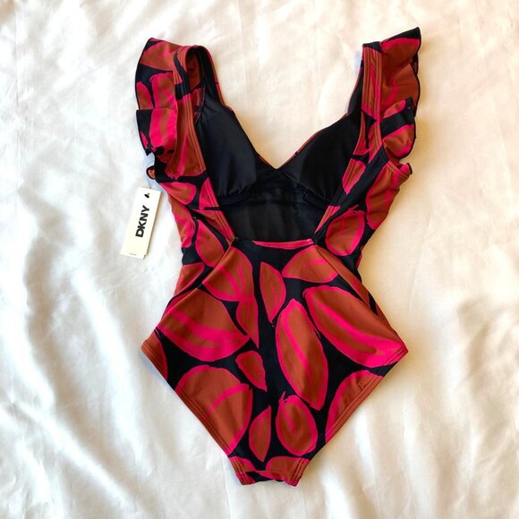 DKNY Flutter Sleeve One Piece Shirred Swimsuit Women's Small S Multicolor NWT - Picture 6 of 9